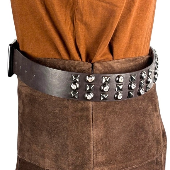 NORDSTROM ANOTHER LINE CHOCOLATE BROWN CRYSTAL STUDDED LEATHER LOOK BELT - Picture 5 of 11